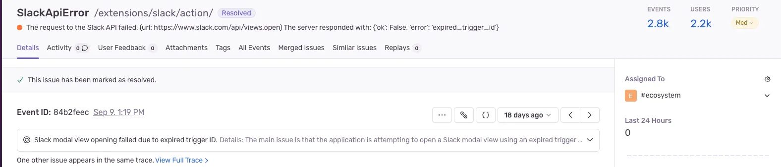 A screenshot of a Sentry Issue Details page for a SlackAPIError. It highlights the response expired_trigger_id.